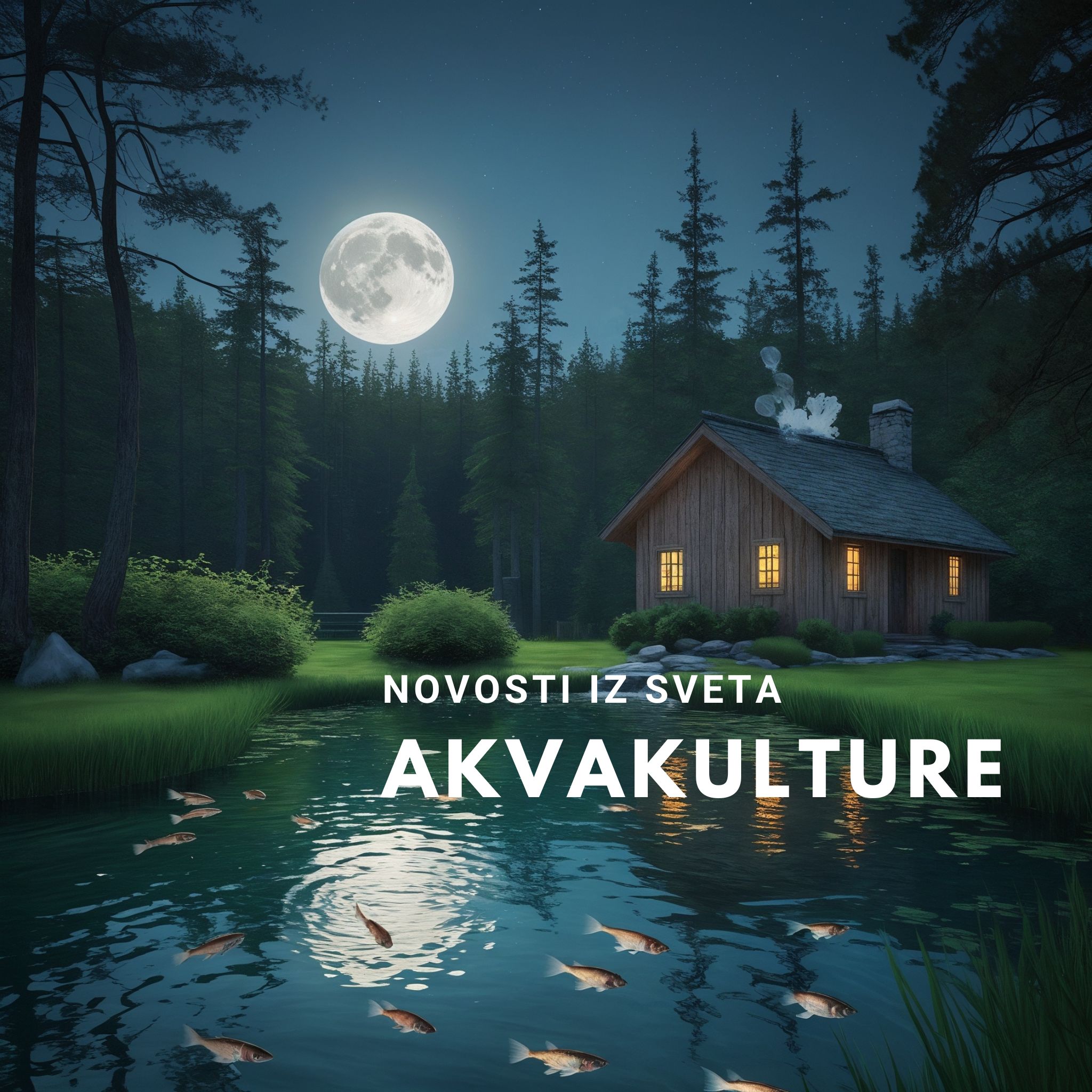 Ilustracija, ki prikazuje kočo z ribnikom v mesečini