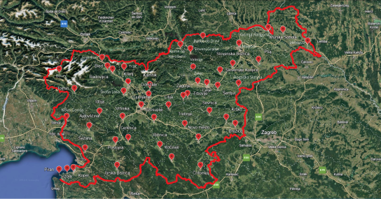 Zemljevid Slovenije z označenimi lokacijami