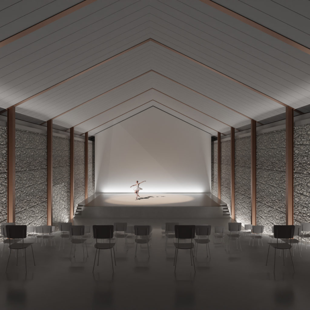 Projekcija prihodnje podobe dvorane v objektu z odrom na katerem pleše baletka.