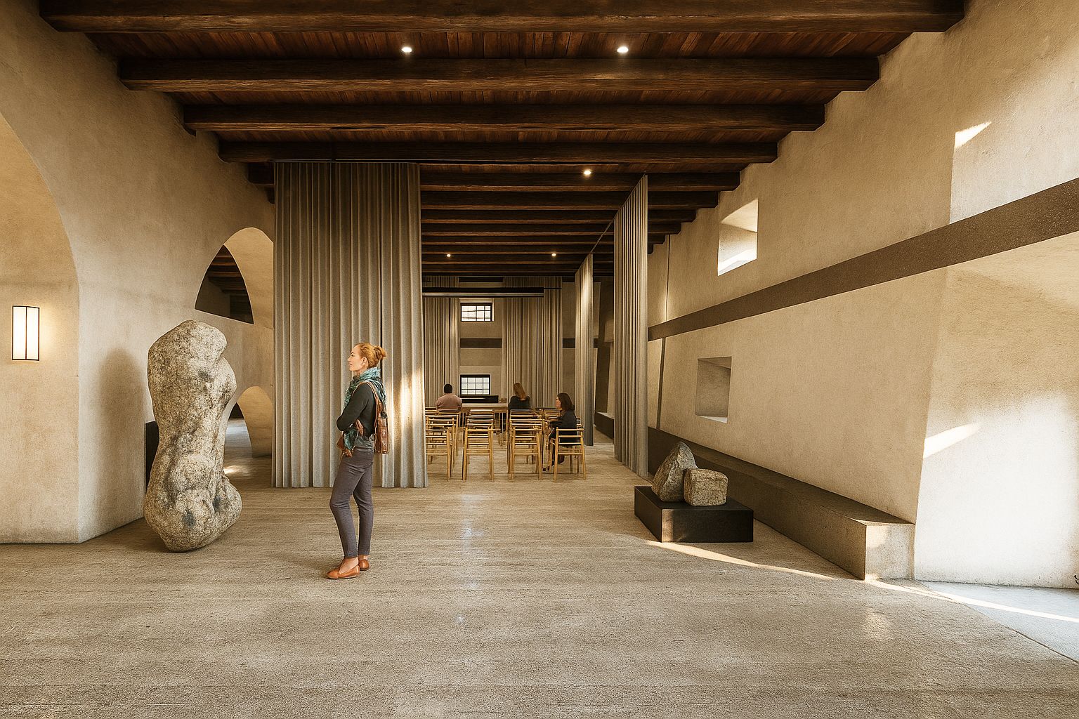 Vizualizacija prihodnje ureditev notranjosti, razstavni prostor, na levi strani žensko ob ogledu kipa