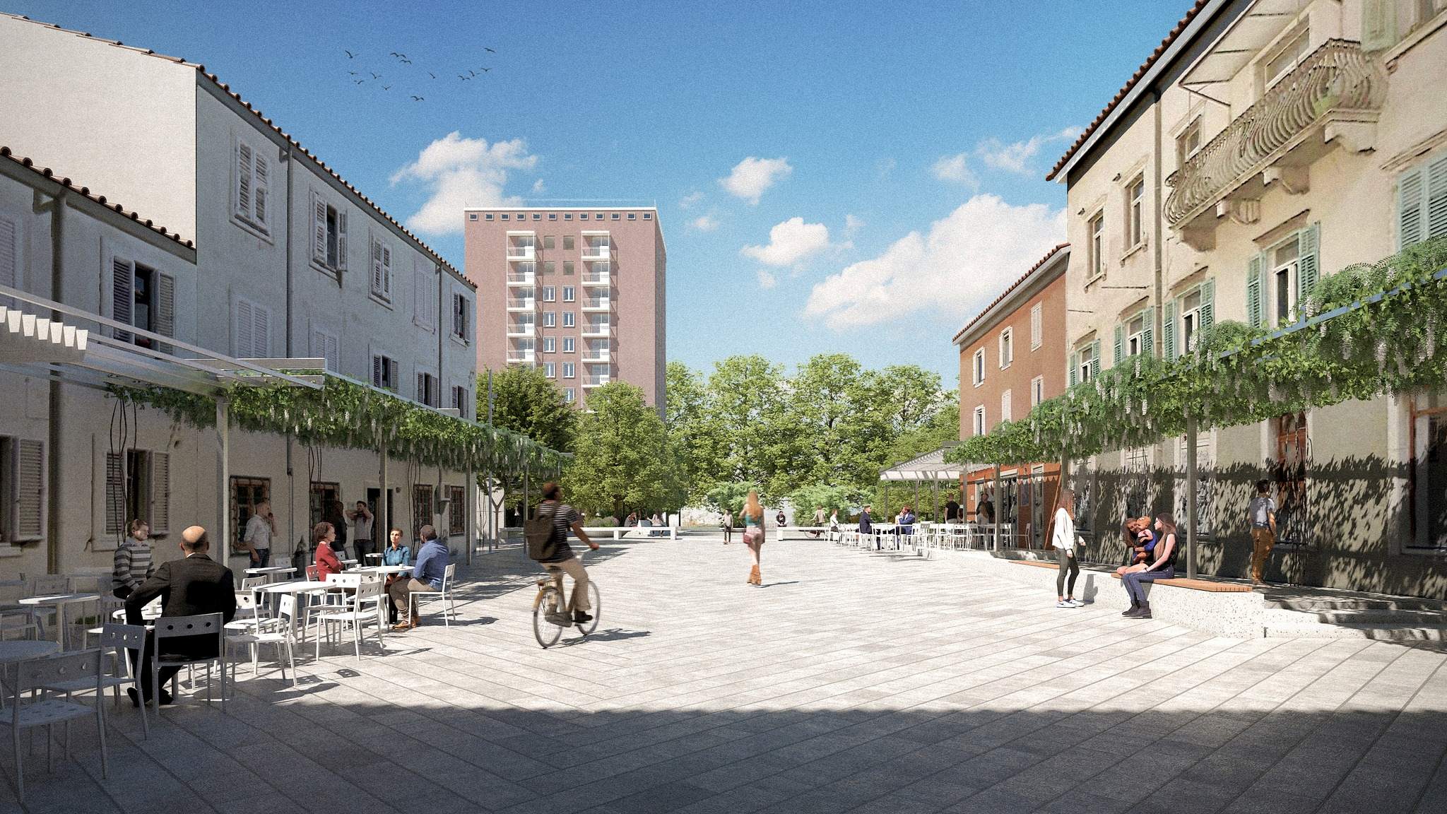 Vizualizacija prenovljenega trga v Kopru s stavbami, zelenjem in ljudmi.